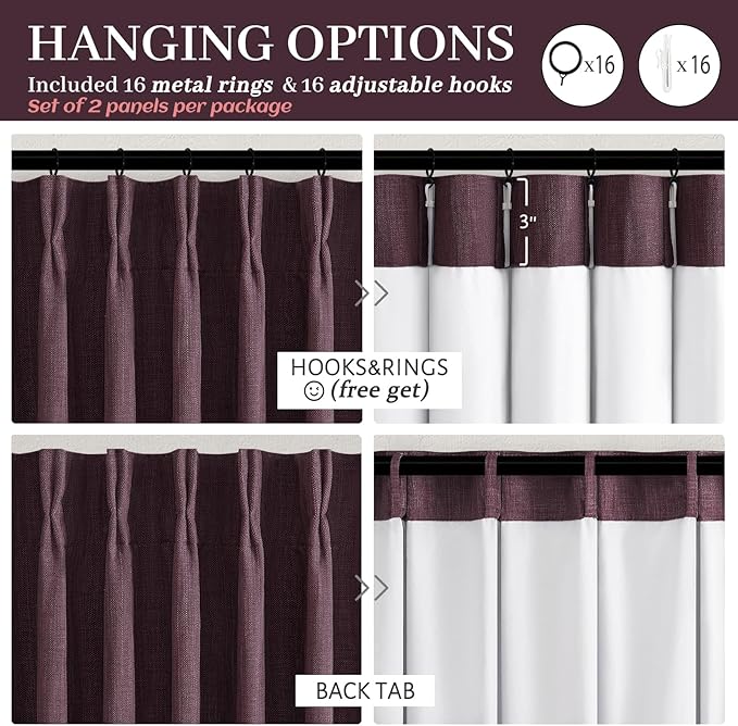 Dark Purple Blackout Pinch Pleated 84 Inch Bedroom Curtains 2 Panels Set, Memory Trained Thermal Noise Cancelling Double Layer Natural Linen Viral Windows Drapes for Living Room Light Blocking 7 FT