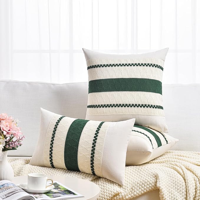 Fancy Homi Set of 2 Dark Green Boho Long Lumbar Decorative Throw Pillow Covers 12x24 Inch for Couch Bed Sofa Bedroom, Modern Farmhouse Vintage Forest Green Living Room Decor