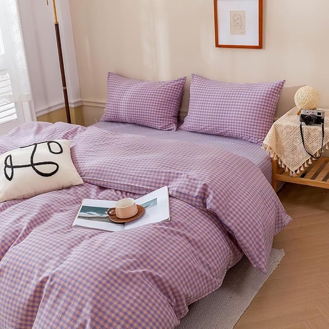 mixinni Purple Gingham Grid Duvet Cover King, 100% Washed Cotton Modern Geometric Bedding Set with 2 Pillowcases, Farmhouse Style Yellow Plaid Comforter Cover Set for Men & Women, Soft & Lightweight