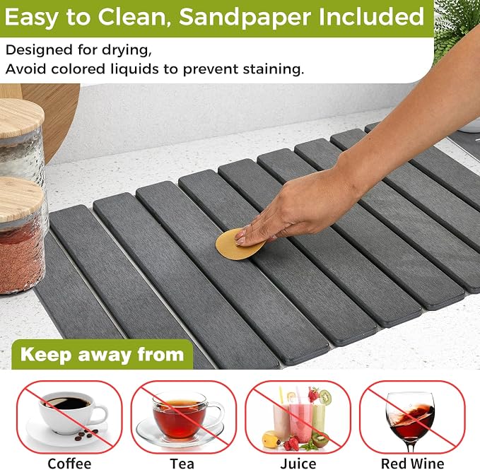 24’’ Larger Stone Drying Mat for Kitchen Counter[Super Absorbent, 30s Quick Drying] Stone Dish Drying Mat Collapsible Drying Matt Kitchen Counter Dish Drying Stone Mat Kitchen Sink Diatomaceous Earth