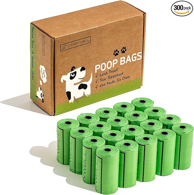 (Not Made In China) Dog Poop Bag Rolls 300 Count, Biodegradable, Leak Proof and Extra Thick Refill Bags For Dogs and Cats, Unscented Earth Friendly Waste and Doggy Litter Bag
