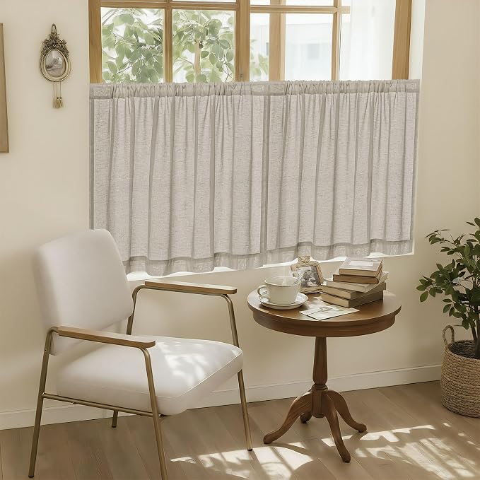 Linen Cafe Curtains for Kitchen Bathroom Small Window Curtains Rustic Farmhouse Semi Sheer Light Filtering Short Drapes for Laundry Room 24 Inch 2 Panels Burlywood Birch, 30x24 Inch