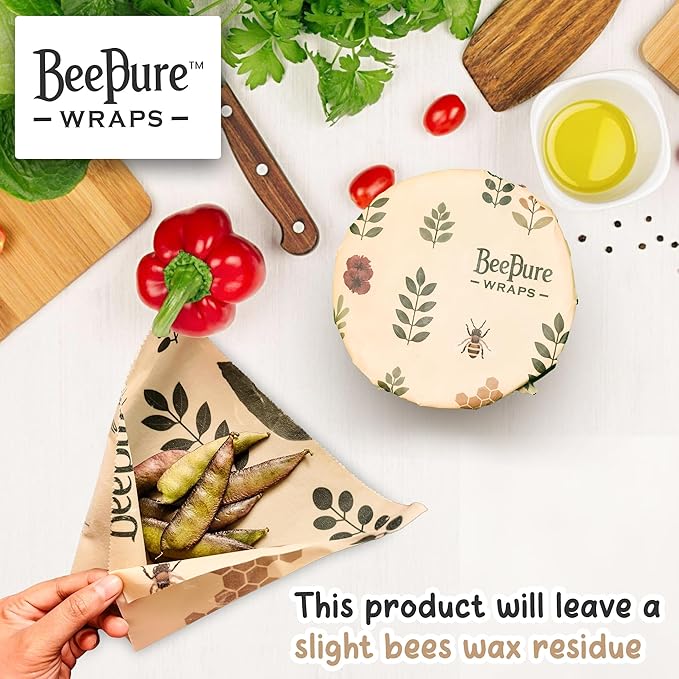 BeePure Reusable Beeswax Food Wrap - Eco-Friendly, Sustainable Wrap Roll (15"x80") - Plant & Bee Pattern for Food Storage