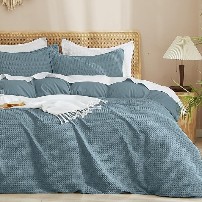 PHF Waffle Duvet Cover Set King Size, No Snagging Ultra Soft Luxury Textured Breathable Comforter Cover for All Season 3pcs, Durable Bedding Duvet Set with 2 Pillow Shams, 104"x90", Stormy Blue