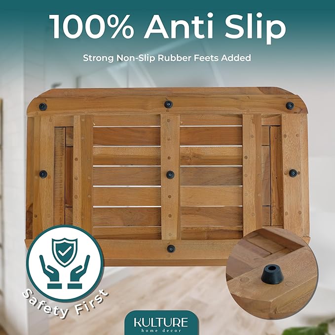 Wooden Bathroom Mat 30x20 in, Teak Shower Mat with Non-Slip Slats, Water Resistant Spa Sauna Shower Floor, Handcrafted in Java