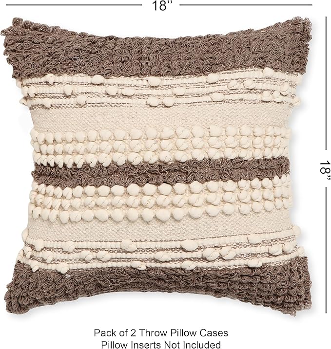 · REDEARTH · Boho Textured Throw Pillow Cases - Woven Tufted Decorative Farmhouse Cushion Covers Set for Couch - Sofa - Bed - Chair - Dining - Patio - Outdoor - 100% Cotton (18x18; Natural) Pack of 2