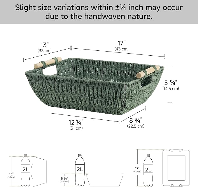 StorageWorks Extra Large Wicker Storage Basket for Organizing with Wooden Handles, Toilet Paper Baskets for Bathroom, Bosana Green, 2-Pack