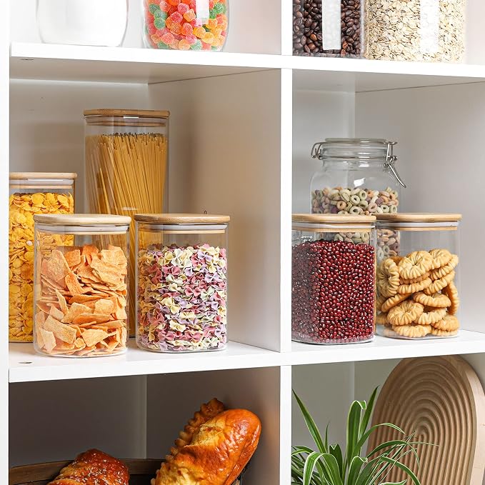 ComSaf Airtight Glass Storage Canister with Wood Lid (37oz) - 27 oz Glass Food Storage Jars Set of 6