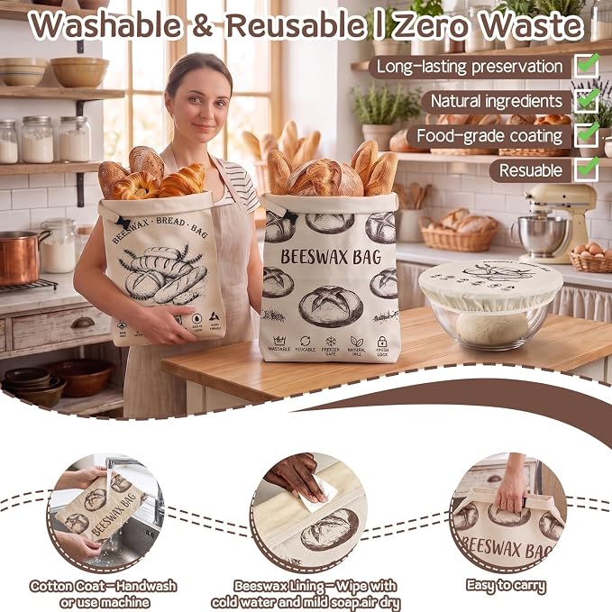 3 Pack Beeswax Bread Bags 17"x13" & 10" Bowl Cover Set, Reusable Organic Linen Bread Storage Bag for Sourdough Homemade Bread, Freezer Safe Zero Waste Eco-Friendly Food Wrap Set for Baking and Storage