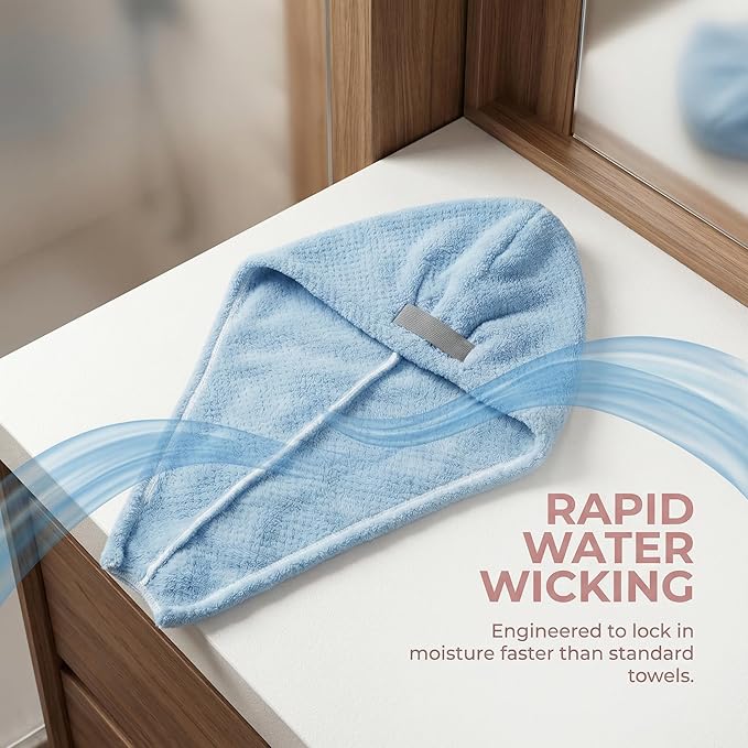 Microfiber Hair Towel Wrap for Curly Hair, Super Absorbent Quick Drying Hair Turban, Thick Lint Free Hair Drying Cap for Women Long Thick Hair, Lightweight 90g (Blue + Coffee)