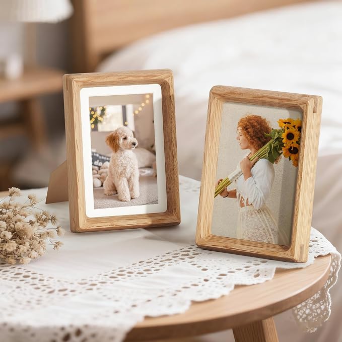 4x6 Picture Frame Set of 2, USA-Sourced Oak Wood Photo Frames with HD Tempered Glass, Handcrafted Rounded Corner 4 x 6 Wooden Frame Matted to 3.5x5 Photos, 4x6 Frames, Tabletop or Wall Display