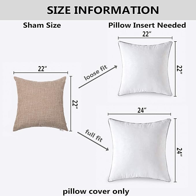 Kevin Textile Set of 2 Textural Faux Linen Throw Cushion Pillow Covers Shams for Couch, Invisible Zipper, 55x55CM, Natural Linen
