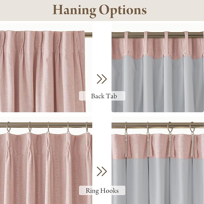 RYB HOME Linen Blackout Curtains 96 inches Long, 100% Blackout Noise Reducing Thermal Insulated Natural Textured Curtains for Farmhouse Dining Room, Pink, 40" W x L96 L, 2 Panels Set