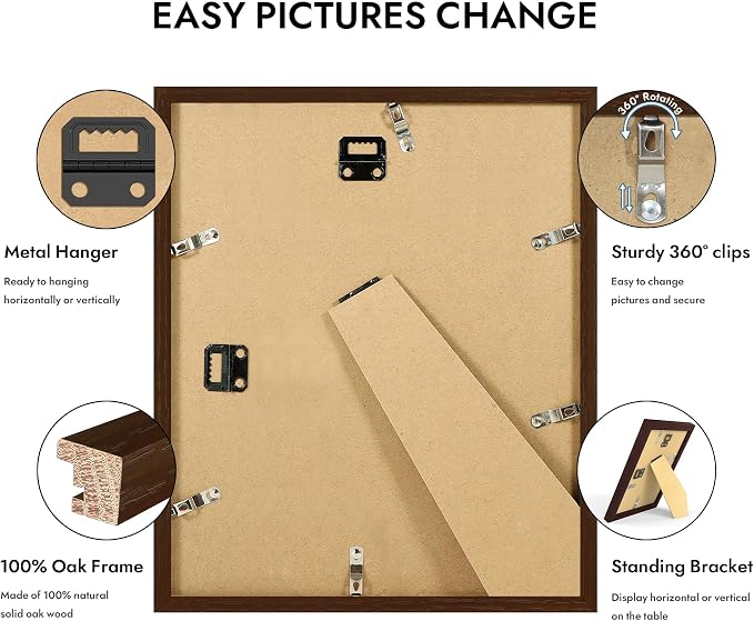 Hongkee 10x12 Oak Wood Picture Frame 1 Pack(Matted 8x10), Real Glass Cover | Walnut, 10 x 12 Solid Wood Frame for Wall or Tabletop Display - Includes Easel Back, Vertical Hang - Ideal for Home, Office