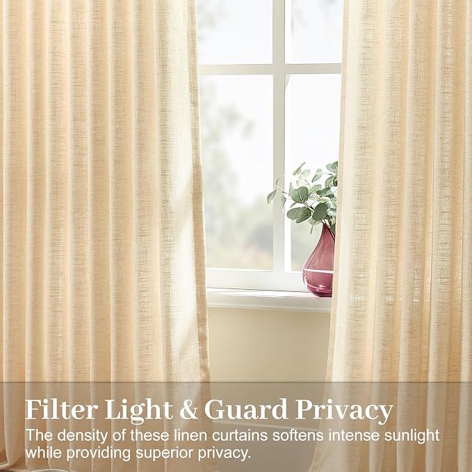 IVAPUPU Pinch Pleated Curtains 90 Inch Long for Living Room, Light Filtering Privacy Linen Curtain Extra Wide Semi Sheer Drapes Back Tab with Hooks Rings for Bedroom, 70Wx90L, Sand Beige, 1 Panel