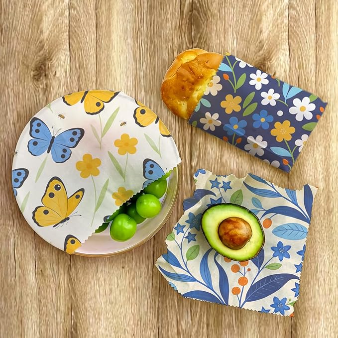 Reusable Beeswax Wrap, 9 Pack Eco-Friendly Beeswax Wraps For Food, Organic, Sustainable, Biodegradable, Zero Waste, Plastic-Free Food Storage, 1XL, 3M, 5S (Butterfly, Floral & Leaves)