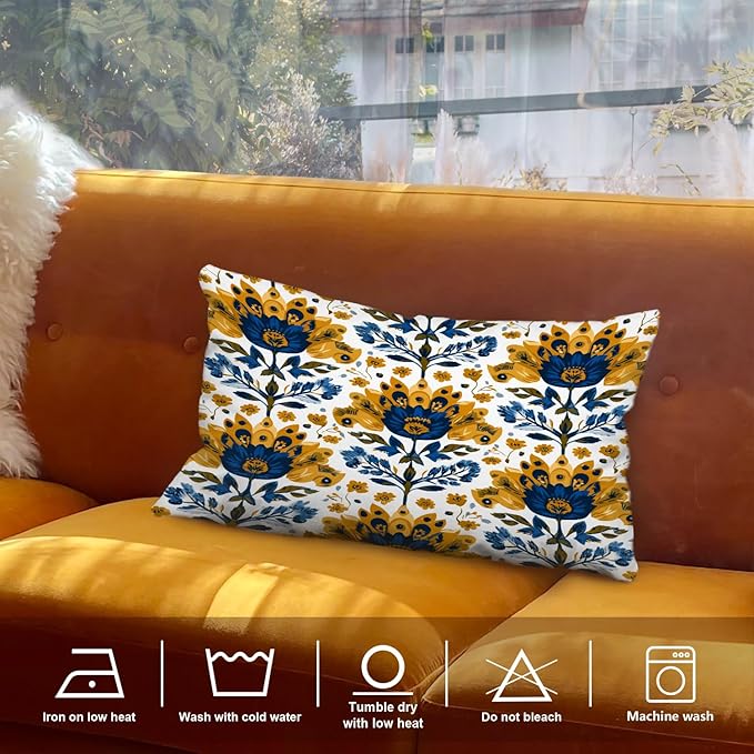 Shrahala Folk Art Floral Motifs Decorative Throw Pillow Cover, Blue Yellow Floral Pattern Lumbar Pillowcase Blended Double-Sided No Inserts for Bedroom Living Room Set of 2 (12 x 20 in)