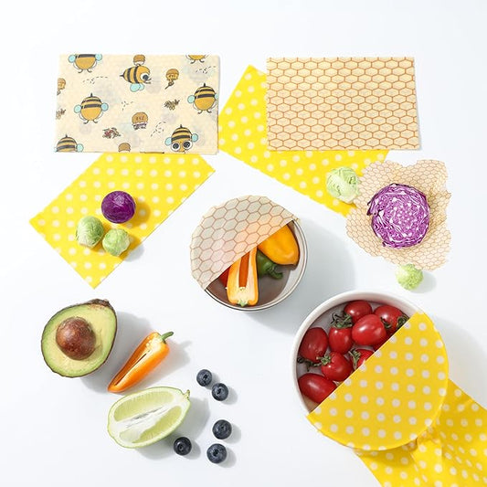 Reusable Beeswax Food Wraps - 6 Pack (3S,2M,1L) Bread Sandwich Wrapper Bowl Covers Food Storage | Organic, Zero Waste, Plastic and Silicone Free, Alternative to Aluminum Foil & Plastic Wrap
