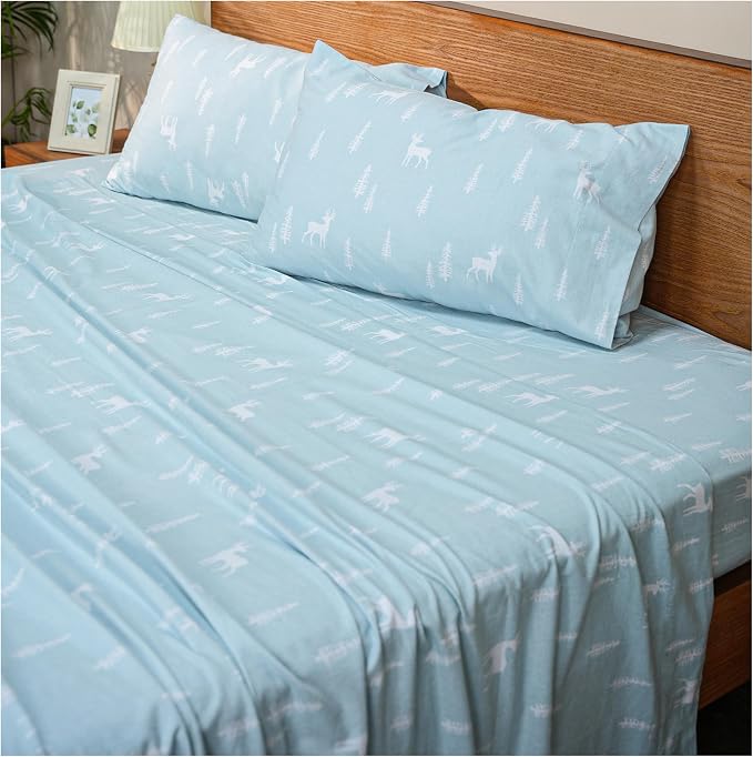 RUVANTI Flannel Sheets Full Size - GOTS Certified 100% Organic Cotton, 4 Piece Warm, Soft & Breathable Set, Deep Pocket Snug Fit, Double Brushed Cozy All Season Bedding, Blue Pine