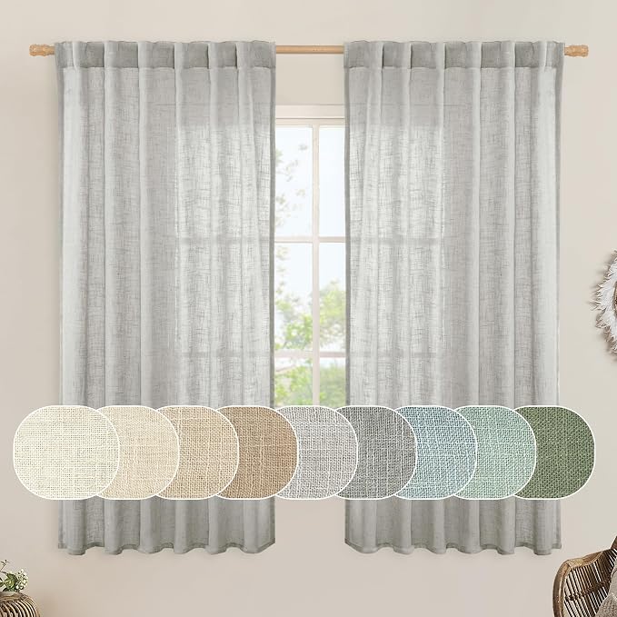 LAMIT Faux Linen Curtains 63 inches Long for Bedroom, Back Tab and Rod Pocket Thick Linen Drapes Light Filtering Semi Sheer Window Curtains for Living Room, 2 Panels (52 x 63 Inch, Light Grey)