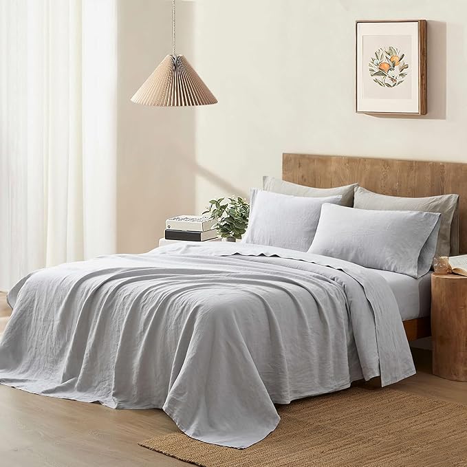 ATLINIA 100% Pure Flax Linen Bedding Set - Stone Washed French Linen Fabric Deep Pocket Fitted Sheet Farmhouse Flat Sheet 2 Pillowcases (Light Grey, Full)