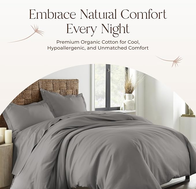 100% Organic Cotton Duvet Cover Twin Size - Naturally Soft Lightweight & Cooling Duvet Cover Set with Decorative Shams - Premium GOTS Certified 300 Thread Count Sateen Weave (Stone, Twin)