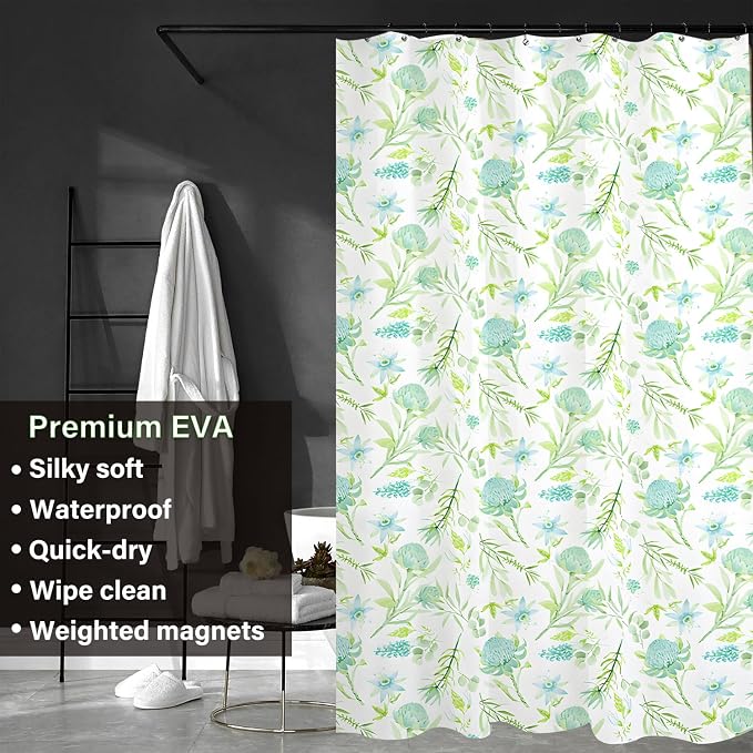 Plastic Shower Liner - Premium EVA 6G Shower Curtain Liner with Rustproof Grommets and 3 Weighted Magnets, Waterproof Shower Curtains for Bathroom (Green Daisy, 72" x 72")