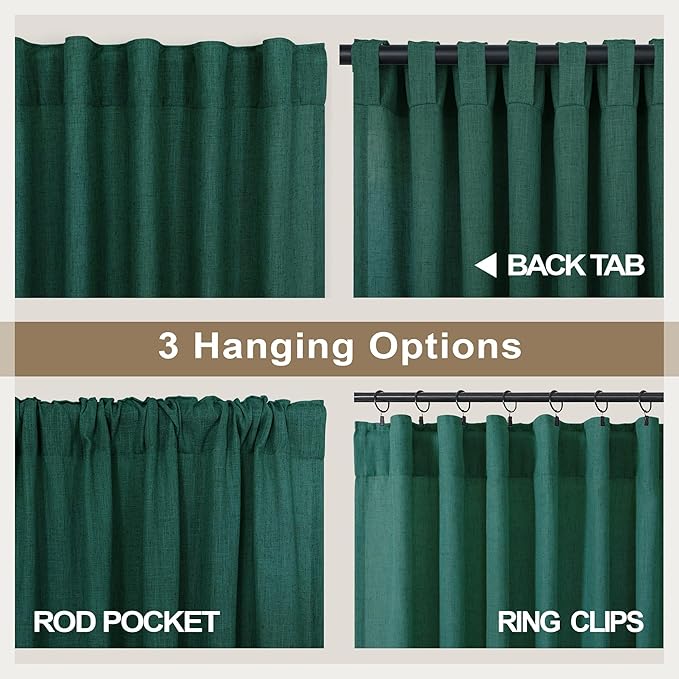 Dark Green Curtains 96 Inches Long for Living Room Dining 2 Panels Set Pocket Back Tab Forest Drape Semi Privacy Emerald Hunter Green Linen Curtains for Bedroom Bay Window Farmhouse Vintage Decor 8 FT