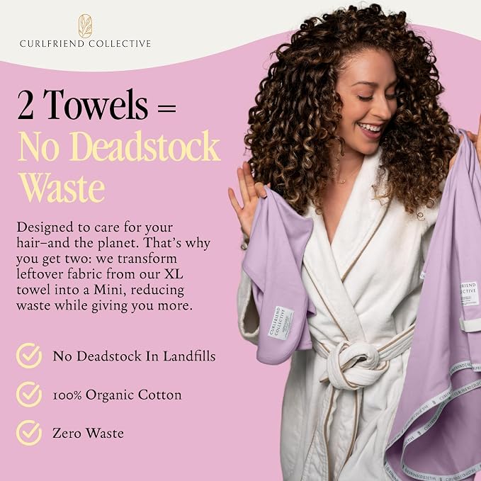 Curlfriend Collective Cotton Cloud T-Shirt Hair Towel Duo – Lilac Locks Hair Towel Wrap for Women, XL + Mini Hair Drying Towels for Curly Hair, No-Slip Plopping Towel, Ultra Absorbent Cotton