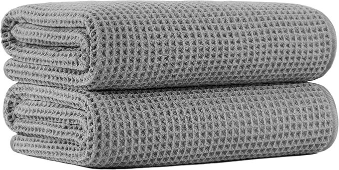 MICROFI New Microfiber Waffle Bath Towels, 2 Pieces, Oversized, Soft, Absorbent, Fast Drying, Lint Free 430 GSM (Gray)