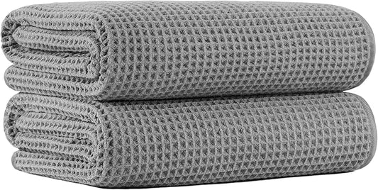 MICROFI New Microfiber Waffle Bath Towels, 2 Pieces, Oversized, Soft, Absorbent, Fast Drying, Lint Free 430 GSM (Gray)