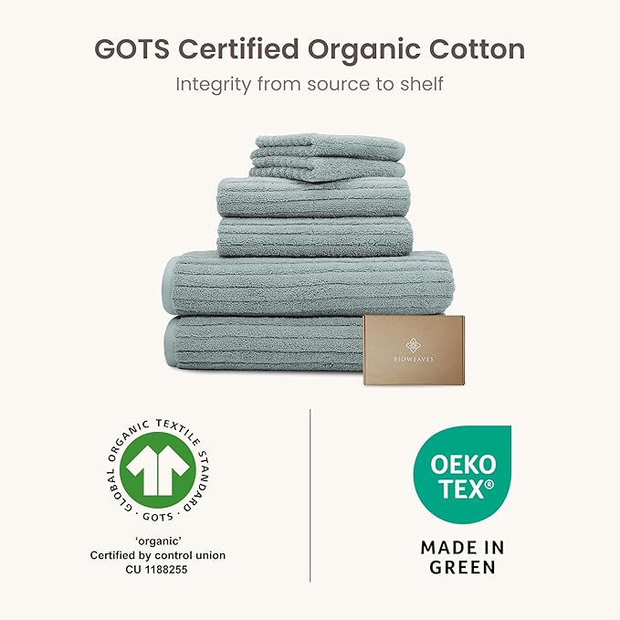 BIOWEAVES 100% Organic Cotton 6-Piece Luxury Bathroom Ribbed Towel Set GOTS Certified 700 GSM, 2 Bath Towel, 2 Hand Towel & 2 Wash Cloths - ICY Fjord