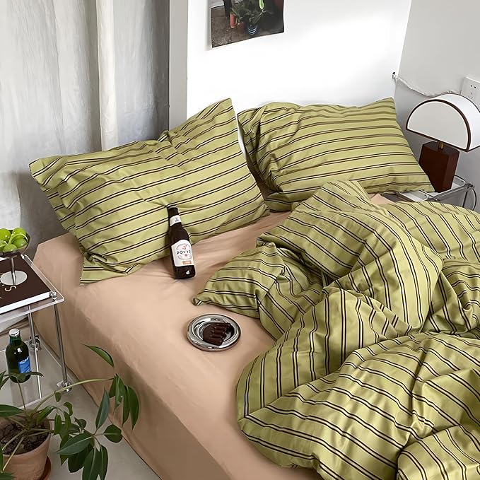 mixinni Vintage Stripes Duvet Cover Set Full - 3-Piece Mid-Century Cotton Olive & Taupe Striped Bedding, Soft Breathable All-Season Comforter Cover with Zipper Closure & Corner Ties-Full Size