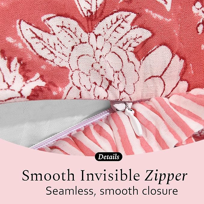 CPC Block Print Ruffle Throw Cover Pink Coral 16"x16" Inch Pack of 2-100% Cotton Ruffle Couch Decorative Boho Pillows Case for Living Room, Bedroom, Sofa, Farmhouse Gift for Spring, Mother's Day
