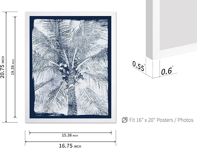 Monem Art Coastal Palm Tree Cyanotype Print - Blue and White Tropical Botanical Art Poster - Wall Decor for Beach House, Bedroom or Living Room - 16x20 White Framed Wall Art by Renee Stramel
