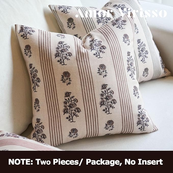 Amor Virisso Floral Throw Pillow Covers 24x24 Set of 2 Block Print Pillow Covers Neutral Floral Striped Farmhouse Decorative Pillow Covers for Sofa Couch Bed, Brown