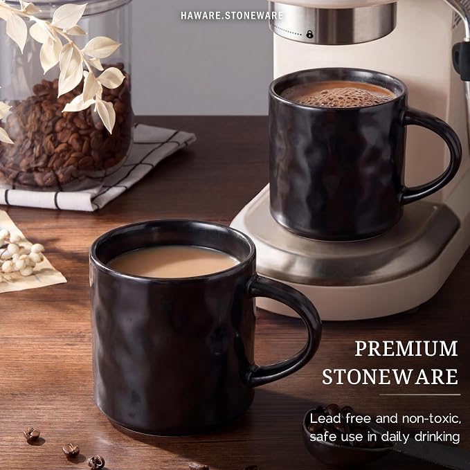 HaWare 14OZ Coffee Mugs Set of 4, Stoneware Coffee Cups with Handle, Latte Mug for Man, Woman, Dad, Mom, Modern Tea Mugs for Latte/Cappuccino/Cocoa/Milk, Dishwasher& Microwave Safe, Matte Black