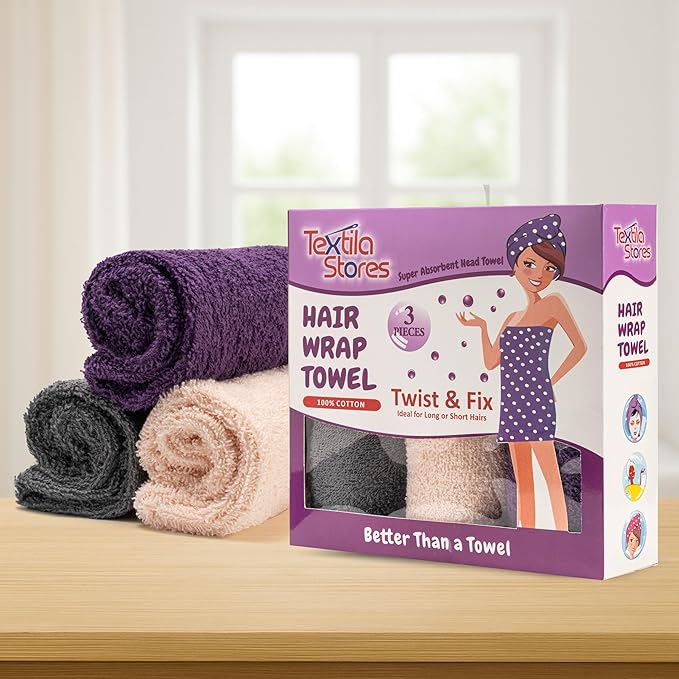 Textila 100% Cotton Hair Wrap Towels for Women (Pack of 3, Plum, Pink & Grey) – Soft & Absorbent Turban Towels for Long, Curly, Frizz-Prone Hair