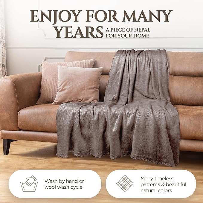 Cashmere Blanket – Hand Woven 100% Pure Wool Throw Blanket, 135 x 270 cm – Fine Herringbone Pattern Cozy, and Soft Blanket for Bed, Sofa, or Couch - Made in Nepal