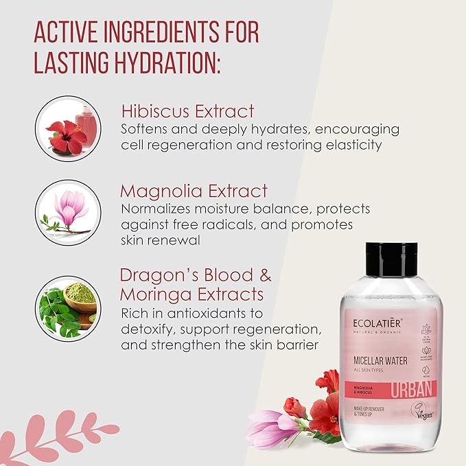 Micellar Water for Sensitive Skin with Organic Aloe Vera - 99.1% Natural Ingredients, Vegan, Hydrating Facial Cleanser & Micellar water Makeup Remover - 13.5 Fl Oz (Magnolia for All Skin Types)