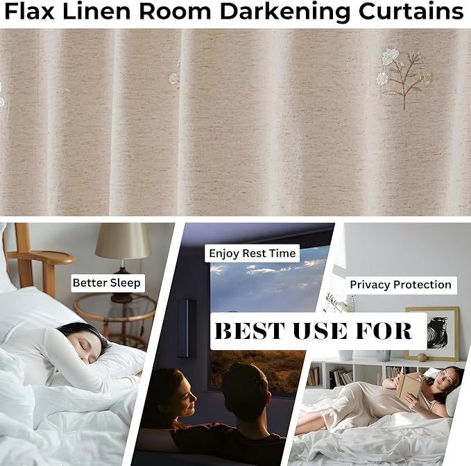 Bedding Craft Linen, Drapes, Linen Room Darkening, Flax,& Drapes, Natural, Taupe 96 inch_Embroidered
