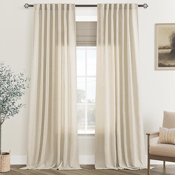 Faux Linen Beige Curtains 84 Inches Long for Living Room Rustic Farmhouse Semi Sheer Drapes Set of 2 Panels 52x84 Khaki Tan