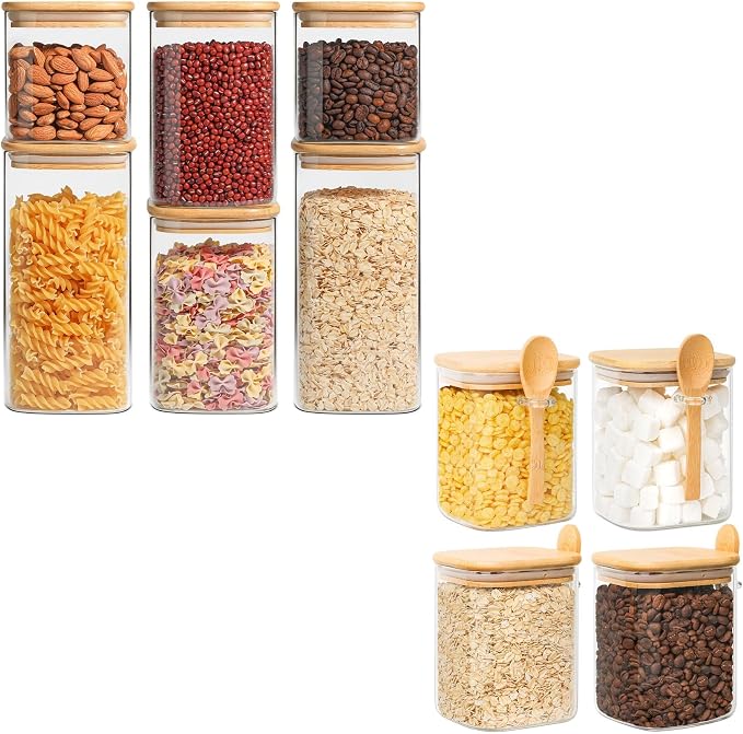ComSaf Airtight Glass Storage Canister with Bamboo Lid (22oz/37oz/50oz) Set of 6, 31oz Glass Jars with Bamboo Lids & Spoons Set of 4, Pantry Storage Jar for Flour Cereal Sugar Tea Coffee Beans Snacks
