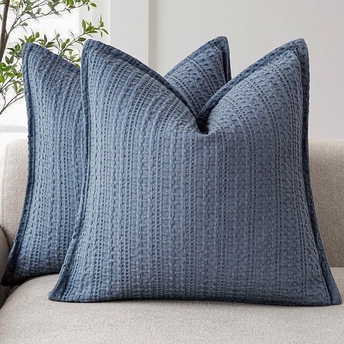 Foindtower Set of 2 Decorative Cotton Waffle Weave Throw Pillow Covers Euro Shams Cushion Covers Accent European Pillowcase for Bed Couch Sofa Bedroom Living Room Home Decor 20×20 Inch Blue
