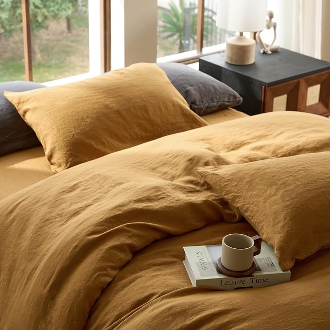 Sijo Stone Washed Organic French Linen Bed Sheet Set, GOTS Certified Organic, Best Cooling Linen Sheet Award by Sleep Foundation, 4 Piece - 2 Pillowcases, 1 Fitted and 1 Flat (Turmeric, Cal King)