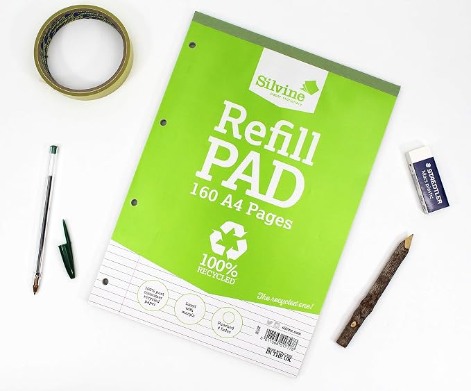 Silvine 160 Page A4 Everyday Recycled Refill Pad. Ruled 8mm Feint with Margin, green, 301966075
