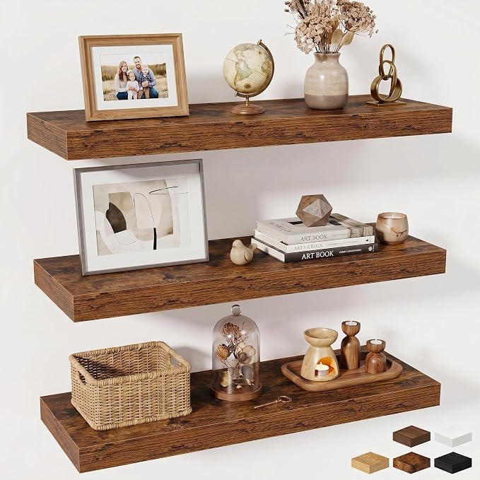 Fun Memories Floating Shelves for Wall, 30 Inch Long Floating Shelves Set of 3, 30 x 10 Wooden Shelves for Wall, Large Storage Shelves, Hanging Shelves for Bathroom Kitchen Bedroom, Rustic Brown