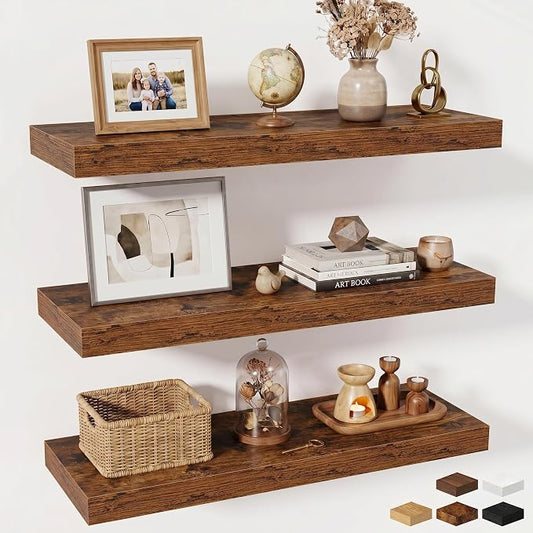 Fun Memories Floating Shelves for Wall, 30 Inch Long Floating Shelves Set of 3, 30 x 10 Wooden Shelves for Wall, Large Storage Shelves, Hanging Shelves for Bathroom Kitchen Bedroom, Rustic Brown