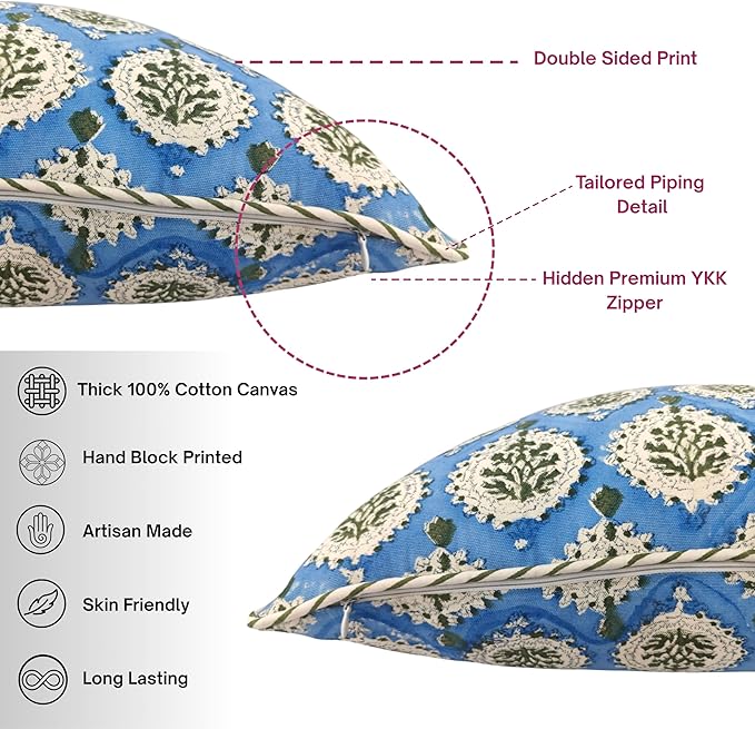ATOSII Block Print Throw Pillow Covers, 24" X 24" - Set of 2, Decorative Couch Pillows for Living Room Bed Sofa, 100% Cotton Canvas Pillow Case for Home Decor & Outdoors, Preppy Throws - Kari Blue