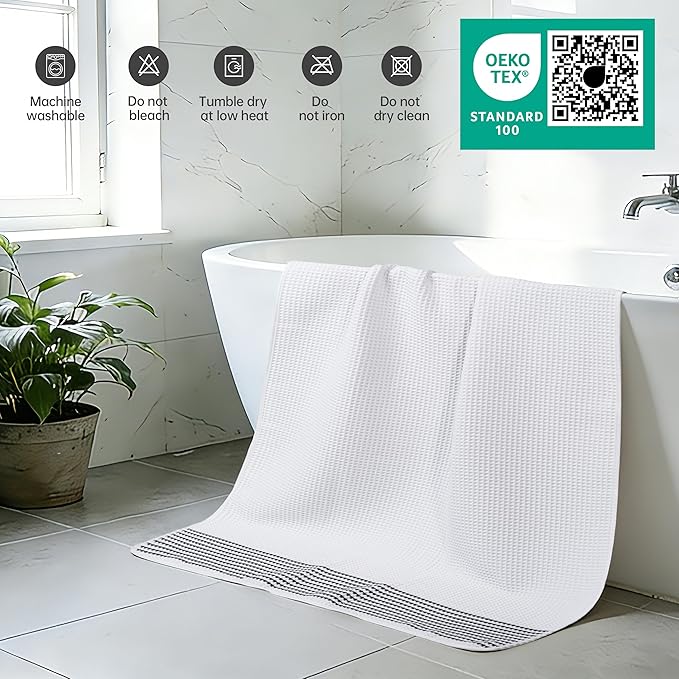 MICROFI New Microfiber Waffle Bath Towels, 2 Pieces, Soft, Absorbent, Fast Drying, Lint Free 430 GSM (White Striped)